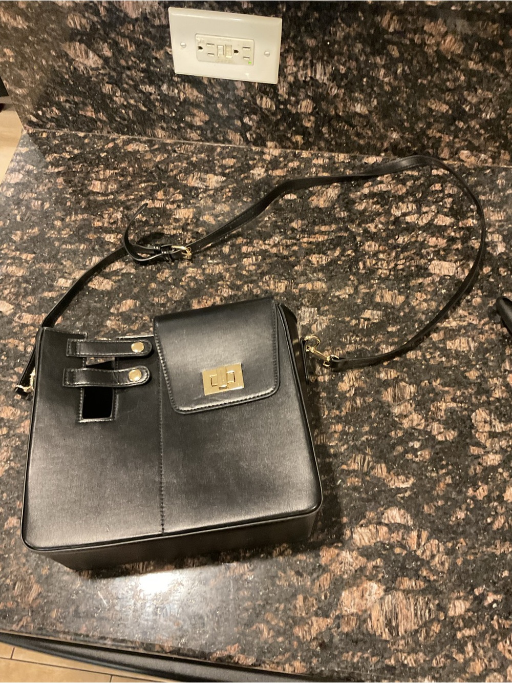Black Vegan Leather Crossbody Bag with Gold Hardware